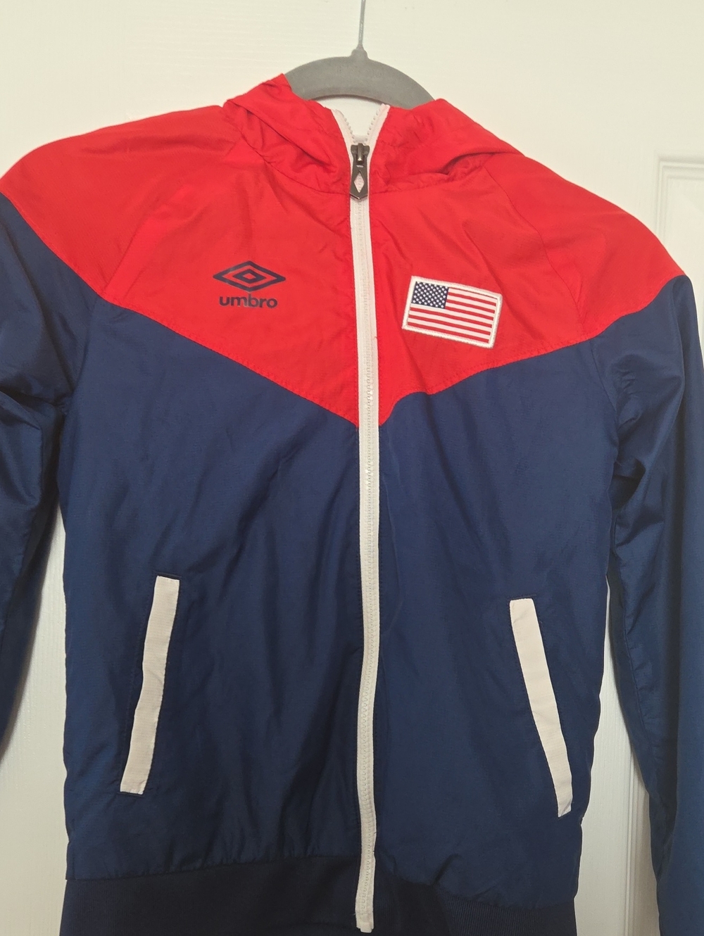 Umbro Kids Red and Navy Hooded Colorblock Rain Jacket